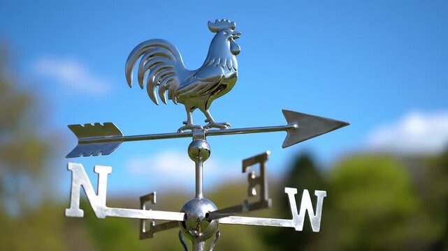 Shiny rooster weather vane with directional indicators against a bright blue sky background