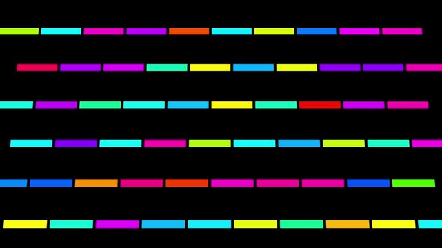 An abstract motion graphic consisting of horizontal rows of dashed lines. Each dash segment continuously shifts through various bright colors, creating a sense of rapid data flow or a digital ticker-t