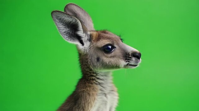 Adorable close-up of a baby kangaroo joey with big, curious eyes looking around on a vibrant green screen, perfect for children's educational content or animal-themed projects.