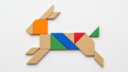 Energetic Colorful Geometric Rabbit Animal Shape Made with Tangram Pieces on an Isolated White Background