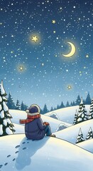 Fototapeta premium Solitary figure gazes at the bright celestial bodies over a snowy landscape