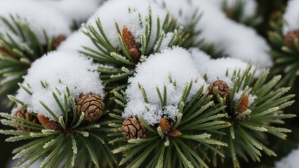 Fototapeta premium Snow covered pine branches with brown cones
