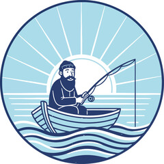 Fisherman in a Boat Fishing with Rod and Reel.