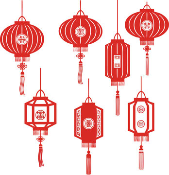 Red Ink Chinese Lanterns Silhouette Ornament Set