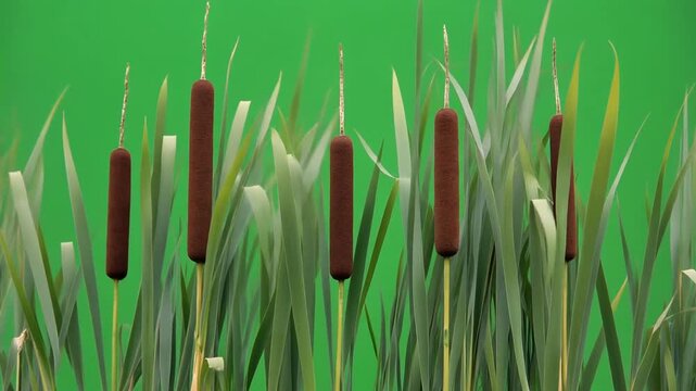 A close-up shot of tall cattails with their distinctive brown heads and green leaves against a solid green background, evoking a natural marshland setting