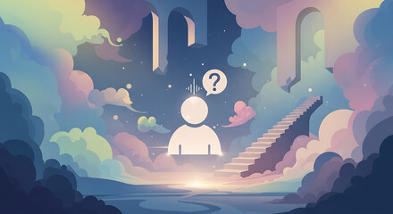 Stylized illustration of a person with a question mark above their head, surrounded by pastel clouds, arches, and stairs, symbolizing contemplation and choice.