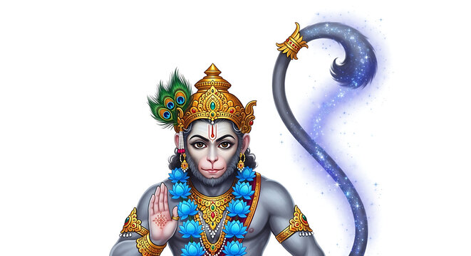 A unique artistic depiction of Hanuman with the face of Michael Jackson, adorned with a golden crown, peacock feather, and blue garlands, holding a glowing staff.