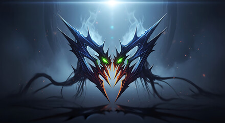 A symmetrical, spiky, dark fantasy creature with glowing green eyes and tendrils, illuminated by a bright light.