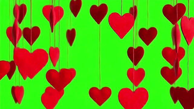 Valentine day decoration with multiple red heart shapes hanging from strings against a bright green background with a shallow depth of field.