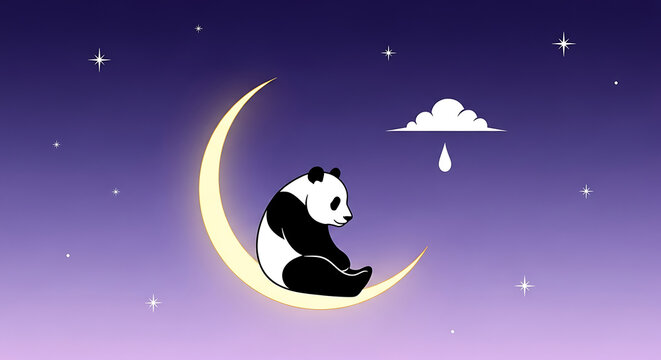 A cute panda bear sitting on a glowing crescent moon in a starry night sky with a small cloud dripping a single tear.