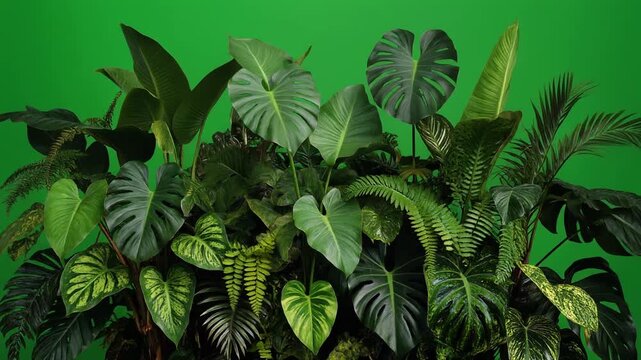 Lush Tropical Foliage Assortment Against a Vibrant Green Background, Showcasing Diverse Leaf Shapes and Textures