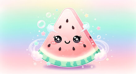 A cute kawaii watermelon slice with sparkling eyes, surrounded by bubbles and stars on a pastel rainbow background.