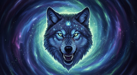 A powerful, glowing blue wolf head with bared teeth against a swirling cosmic galaxy background, radiating mystical energy and stars.