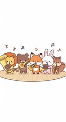 Fototapeta premium Five cute cartoon animals form a small musical group playing brass and woodwind instruments