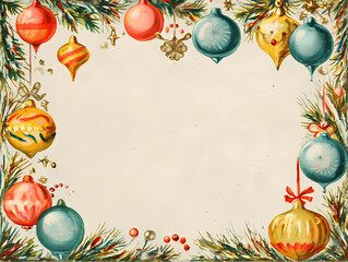 Vintage Christmas card frame with festive ornaments and pine branches holiday greetings