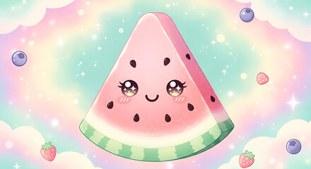 A cute kawaii watermelon slice with a happy face and sparkling eyes, set against a dreamy pastel background with clouds, sparkles, blueberries, and strawberries.