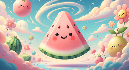 A whimsical, pastel-colored cartoon landscape featuring a large, smiling watermelon slice floating among cute fruits and fluffy clouds.