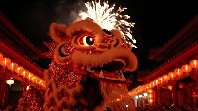 Majestic Chinese dragon illuminated by dazzling fireworks during a vibrant cultural festival, symbolizing prosperity and joy amidst traditional lanterns at night