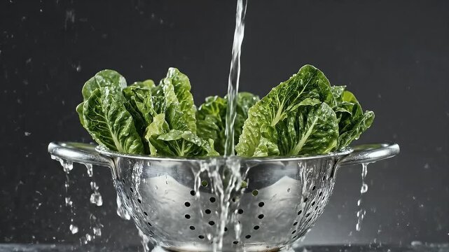 Fresh green lettuce being washed under a stream of clean water in a colander creating a refreshing and healthy food preparation