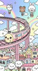 Naklejka premium Cheerful cartoon train travels over a pastel-colored town beneath airborne animal characters in hot air balloons