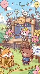 Fototapeta premium Adorable cartoon animal characters work together to build a cheerful outdoor event stage