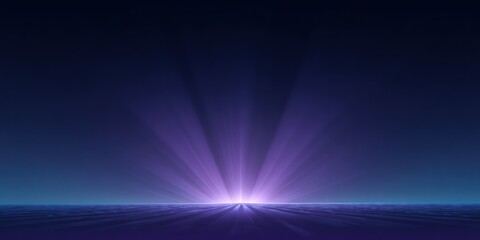 Abstract light burst from horizon with bright rays on dark blue background