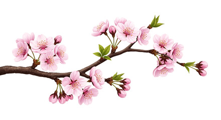 Pink Cherry Blossom Branches with Green Leaves on Black Background sakura pink flowers isolated on a transparent background