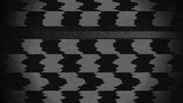 A high-contrast monochrome video depicting a checkerboard pattern subjected to severe analog distortion. The geometric grid warps and ripples with "bad signal" effects, alternating between a stable bl