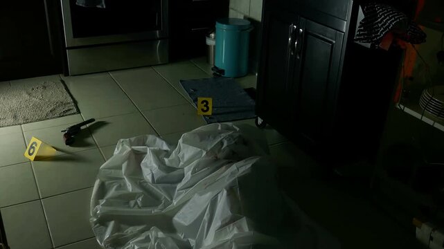 A crime scene in a kitchen with a murder victim covered in a white sheet. Gun, bullet shells, evidence markers and police lights. Handheld shot.