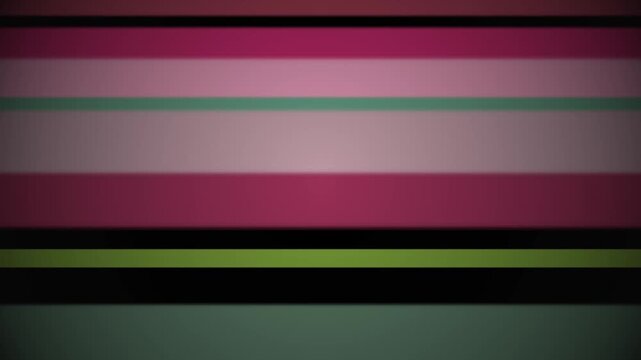 A vibrant abstract animation consisting of horizontal colored bands that shift and flicker like an old television changing channels. The palette features pink, green, and dark tones, presented in a cl