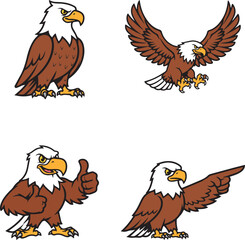 WebBald Eagle Mascot Set Vector Illustration, Cartoon Eagle Characters in Multiple Poses