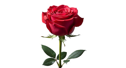 Single Red Rose with Green Leaves on Black Background flower bloom isolated on a transparent background