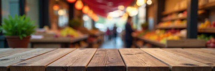 Empty wooden table, out-of-focus market scene, wood, still life