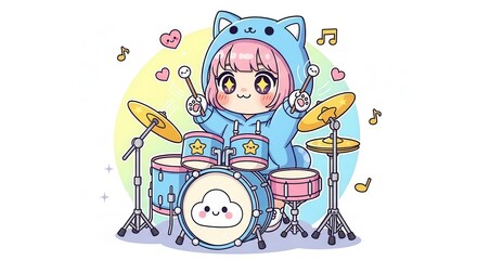 Fototapeta premium Adorable chibi character wearing an animal hooded outfit enthusiastically plays a drum set