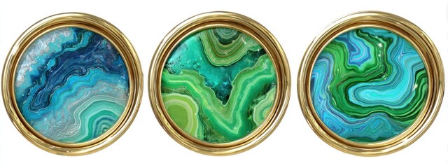 Abstract mineral stone art in circular gold frames isolated on white background