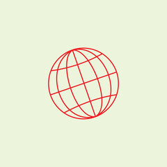 A minimalist red wireframe globe icon representing the earth's longitude and latitude lines on a pale green background. Ideal for global business, networking, and connectivity concepts.