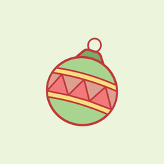 A green Christmas bauble ornament with red triangle patterns and yellow stripes on a pale green background. A festive holiday decoration illustration for seasonal themes.