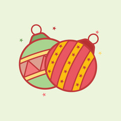 Two festive Christmas baubles, one green with geometric patterns and one red with star-studded yellow stripes, decorated with small surrounding stars on a pale green background.