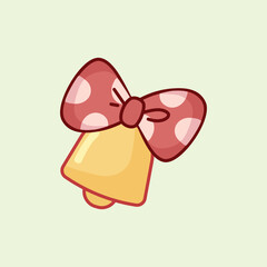 A charming yellow Christmas bell adorned with a pink polka-dot bow on a pale green background. A festive holiday illustration perfect for greeting cards and seasonal decor.