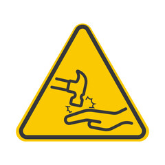 Isolated safety sign hand struck by a hammer, representing workplace accident risk, injury warning, and occupational safety signage.