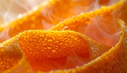 Vibrant orange peel with dew drops glistening in warm sunlight