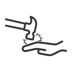 Isolated outline pictogram showing a hand struck by a hammer, representing workplace accident risk, injury warning, and occupational safety signage.