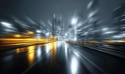 Abstract night cityscape with blurred lights and reflections on wet road