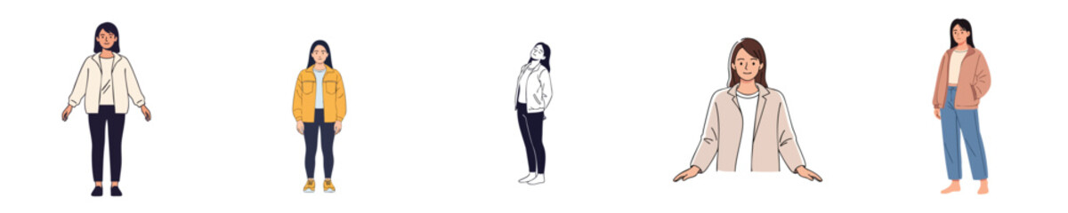 Fototapeta premium Casual Young Women Relaxed Standing Poses Flat Vector Character Illustration