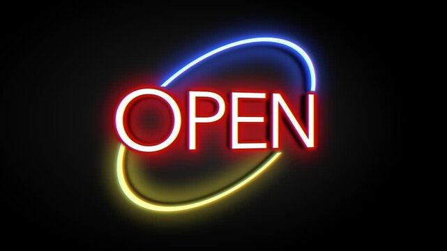 A steady and clean animation of a neon "OPEN" sign glowing against a dark backdrop. The word is encased in an overlapping yellow and blue neon ring, with the red letters emitting a soft glow and subtl