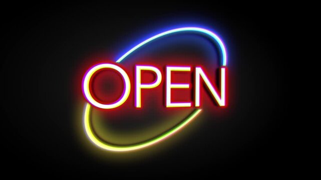 Glowing neon "OPEN" sign centered within a multi-colored elliptical frame on a black background. The sign features a distinct "nudging" or chromatic aberration effect where the red, blue, and yellow l