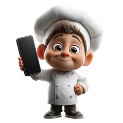 Cheerful 3d Animated Boy Chef Holding Up a Blank Smartphone Display