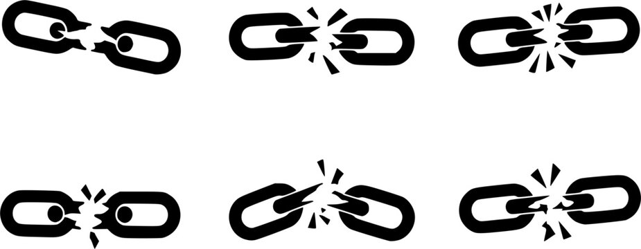 Set of broken chain vector icons. Black silhouette with break or wreck chain. Defect, rupture or shatter signs. Vector 10 EPS.
