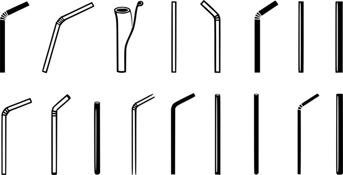 Set of plastic straws vector icons. Black straws for juice, water, cocktail. Vector 10 Eps.
