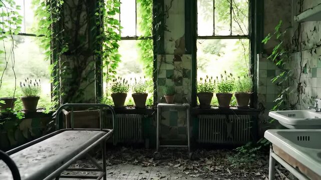 Abandoned Medical Room with Nature Overgrowth: A Haunting Look at an Old Facility
